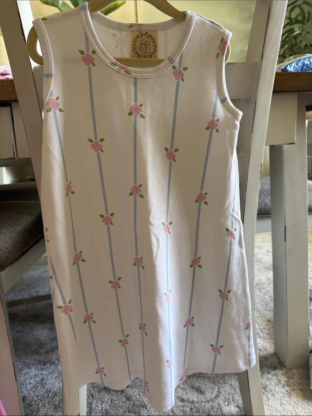 The Beaufort Bonnet Company White Dress with Pink Floral and Light Blue Stripes